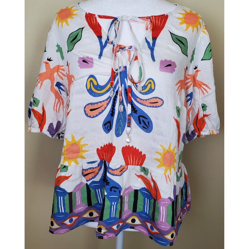 CeCe Medium Tie Front Bold Maximalist Tropical Bird Sunshine Floral Blouse
